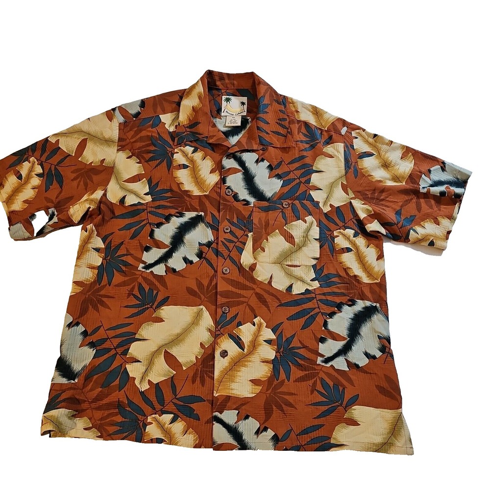Men's Banana Cabana Hawaiian Silk Shirt Tropical Palms Rust Brown Large